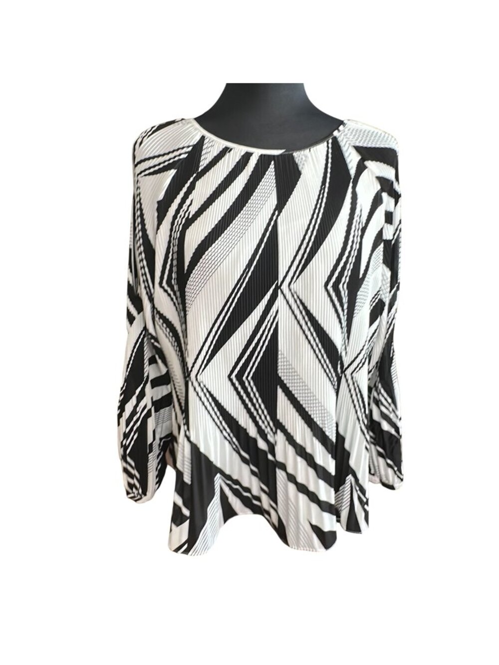 Chico's Blouse Size 3 XL Petite Black & White Pleated Long Puff Sleeves Women